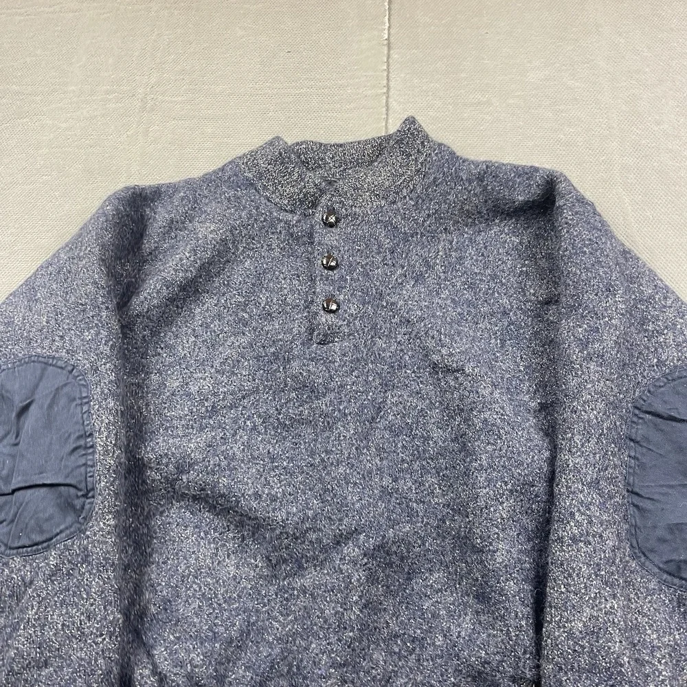 Cabelas Wool Sweater Mens Small* Blue Knit Pullover Henley Lined‎ Elbow Patch